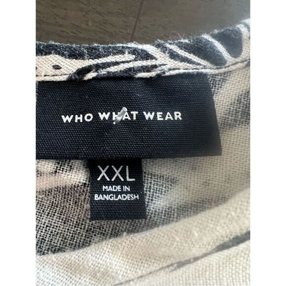 Who What Wear linen blend black and white floral print blouse with drawstring wa - Picture 5 of 6